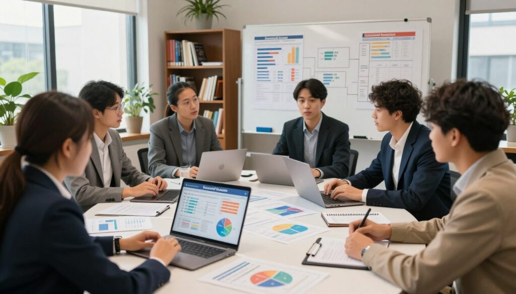 A busy university office space featuring a diverse group of professional student advisors, dressed in business attire, gathered around a large table covered in charts and graphs. In the foreground, a laptop with the "Successful Graduate" logo is open, displaying colorful infographics on employability metrics. The advisors are engaged in an animated discussion, highlighting the challenge of data overload. In the middle ground, a whiteboard filled with complex evaluation frameworks showcasing metrics and statistics is visible. The background includes a bookshelf filled with educational resources and plants, enhancing the scholarly atmosphere. Soft natural light filters through large windows, creating a warm and inviting mood. The camera angle is slightly elevated, capturing the intensity of the brainstorming session while emphasizing collaboration.